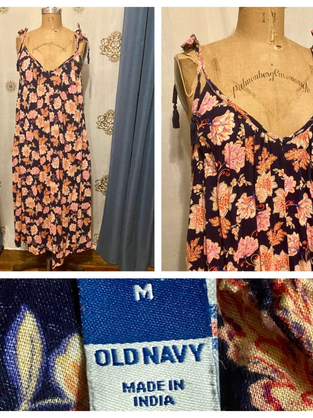 Old Navy Floral Spaghetti Strap Tassel Ties Flowy Pink Navy Cotton Dress Size M